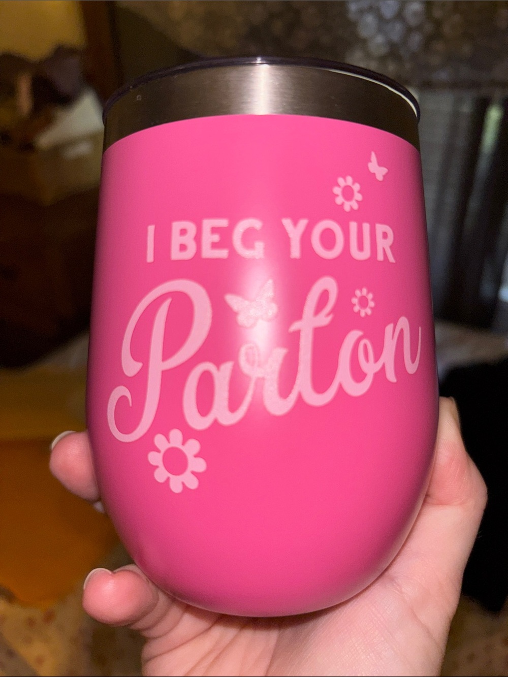 Pink "I Beg Your Parton" Insulated Stemless Wine Tumbler - Dolly Parton